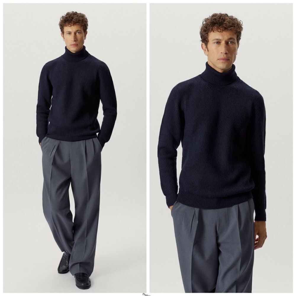Wilke Rodriguez Vintage Navy Blue Ribbed Merino Wool Turtleneck Sweater